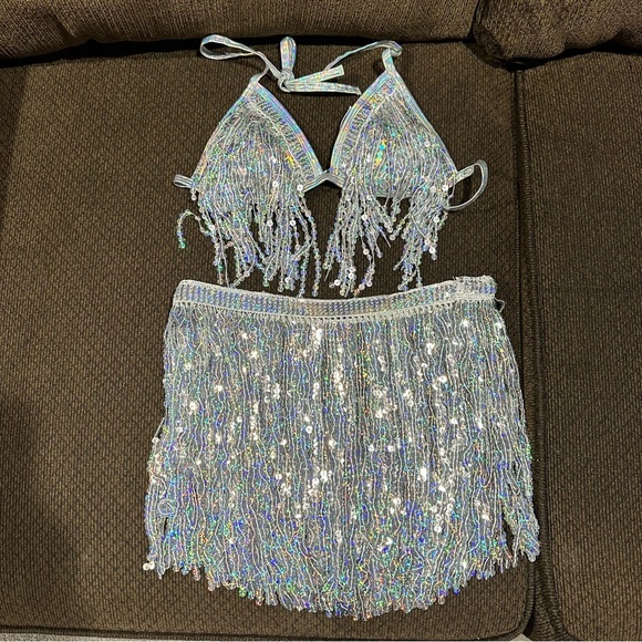 Fashion Nova Other - Silver fringe bathing suit with cover up skirt. Size Small. 3 pieces. Brand new!